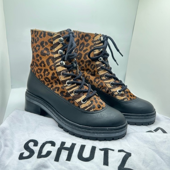 NWT SCHUTZ Mafalda Calf Hair Animal Print Lace Up Boots Women’s Sz 5.5 B - Picture 1 of 11